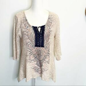 One World Live and Let Live boho Tunic Sz Medium ivory blue elbow sleeve top